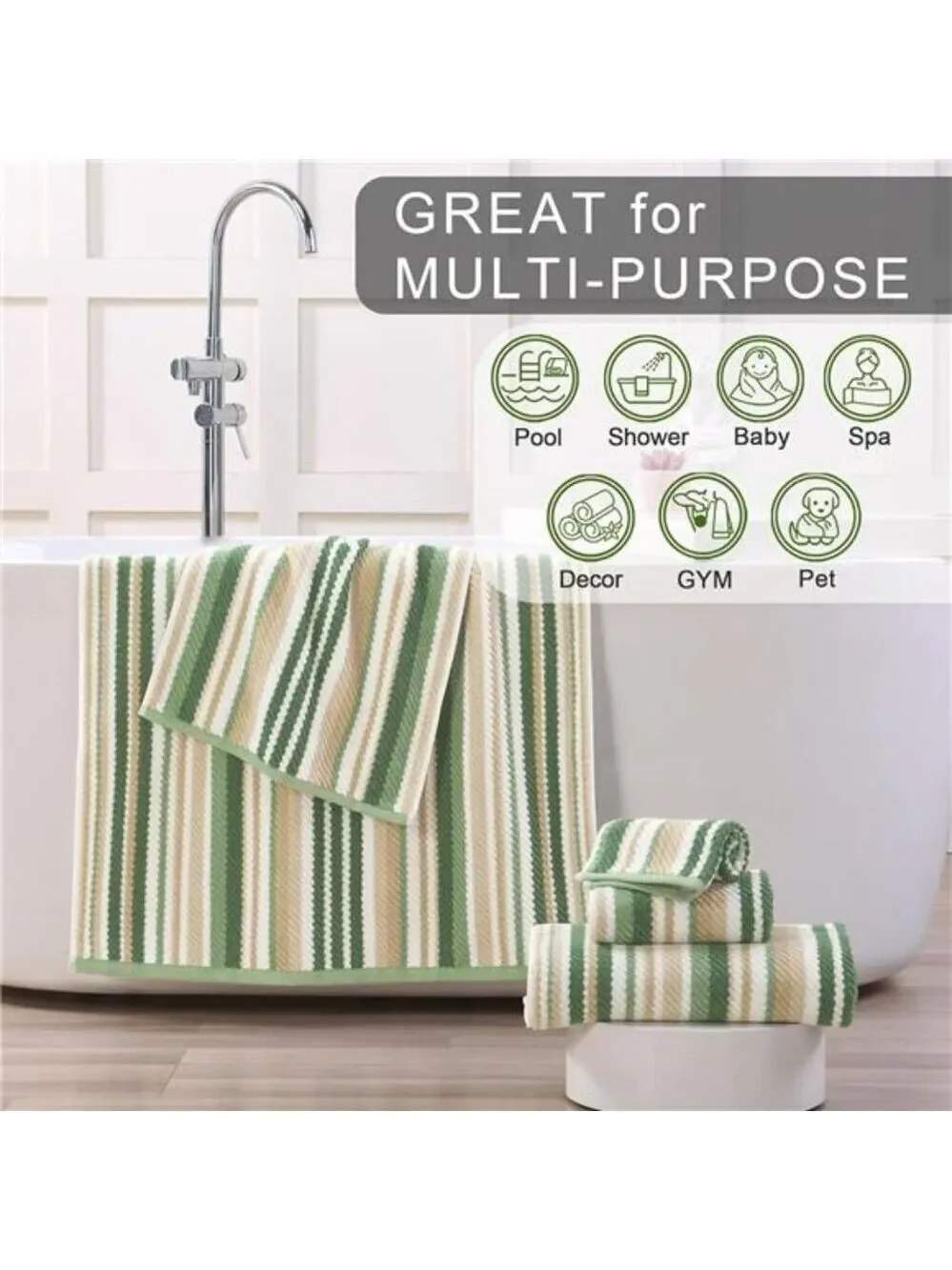 Luxury Green Hand Towels Set of 4 Soft Absorbent Cotton Striped Bathroom Towels